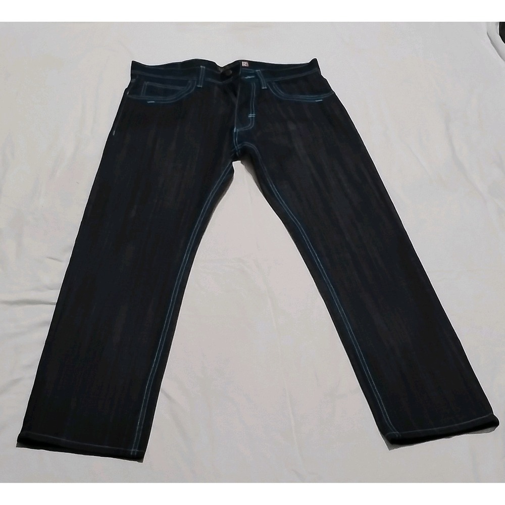 VTG Risk Jean Men's Black Dark Wash Straight Denim  5-Pocket Logo Embroidered